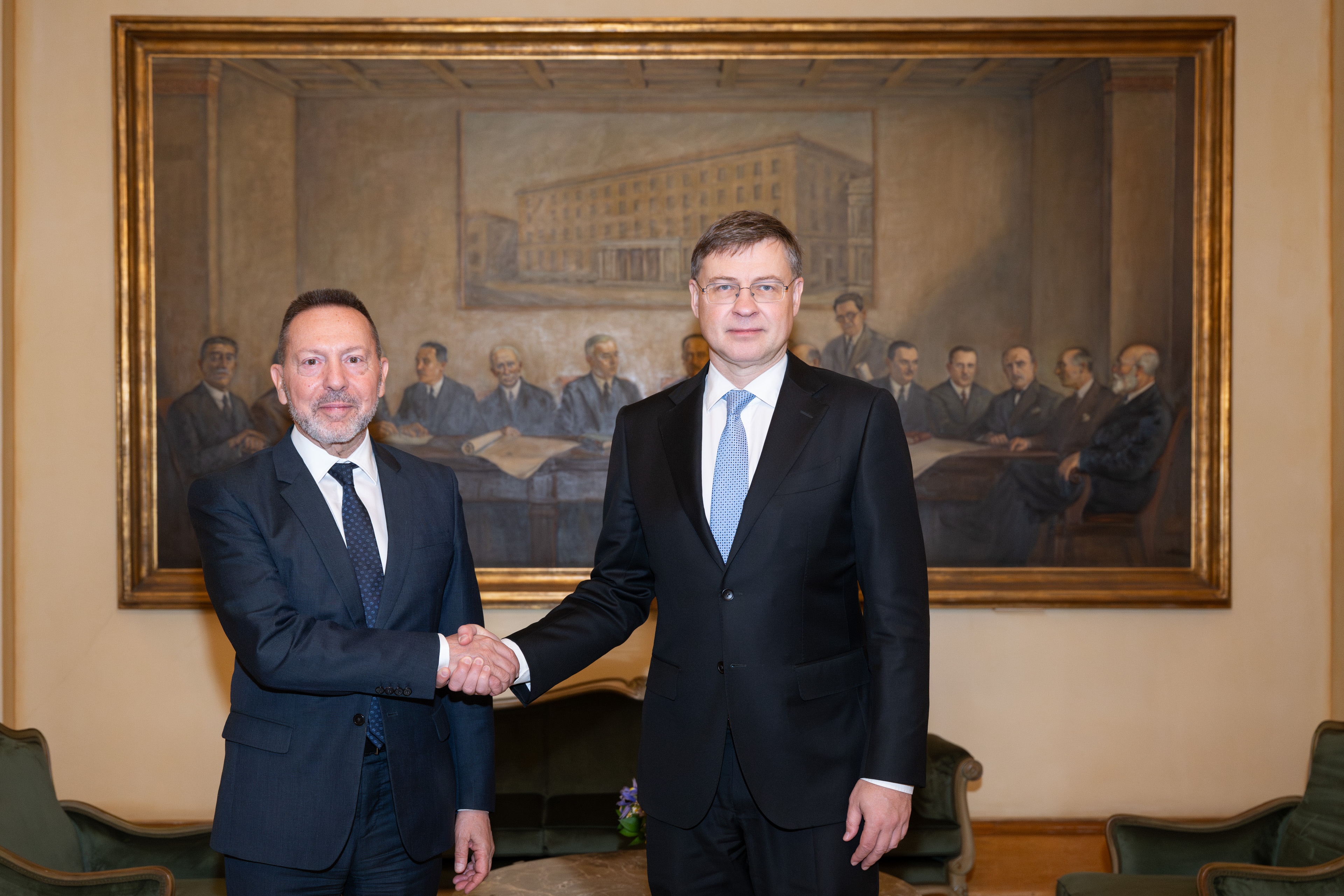 Bank of Greece Governor Yannis Stournaras meets with Commissioner Valdis Dombrovskis